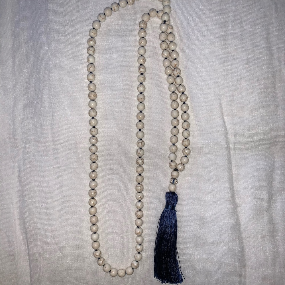 Ivory and navy beaded tassel necklace